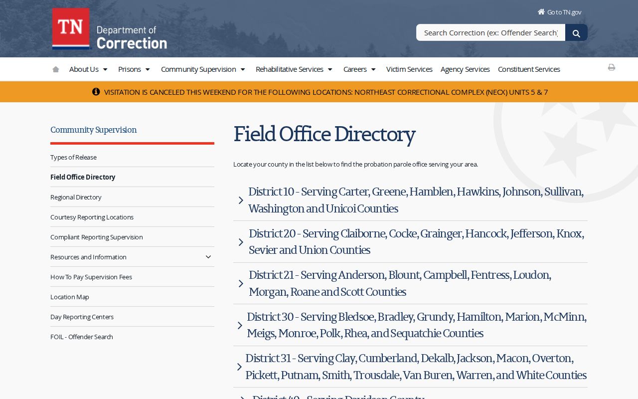 Gibson County post-release supervision District 61 office directory